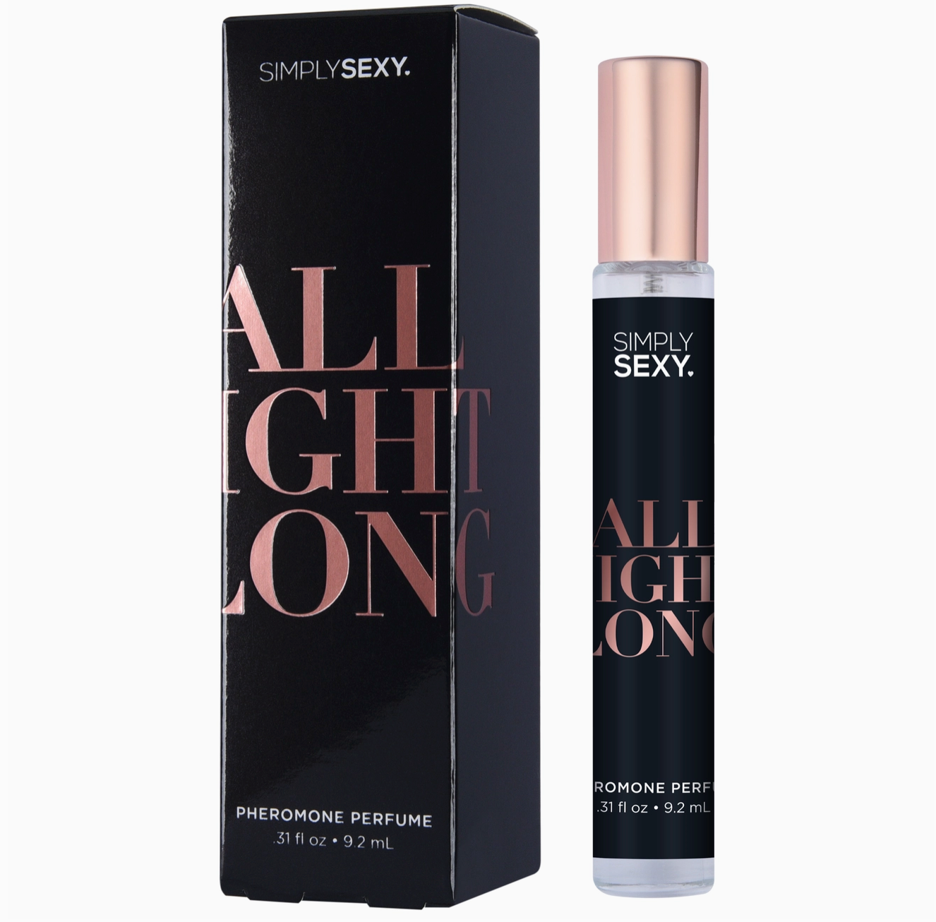 Simply Sexy All Night Long perfume bottle and packaging on a white background