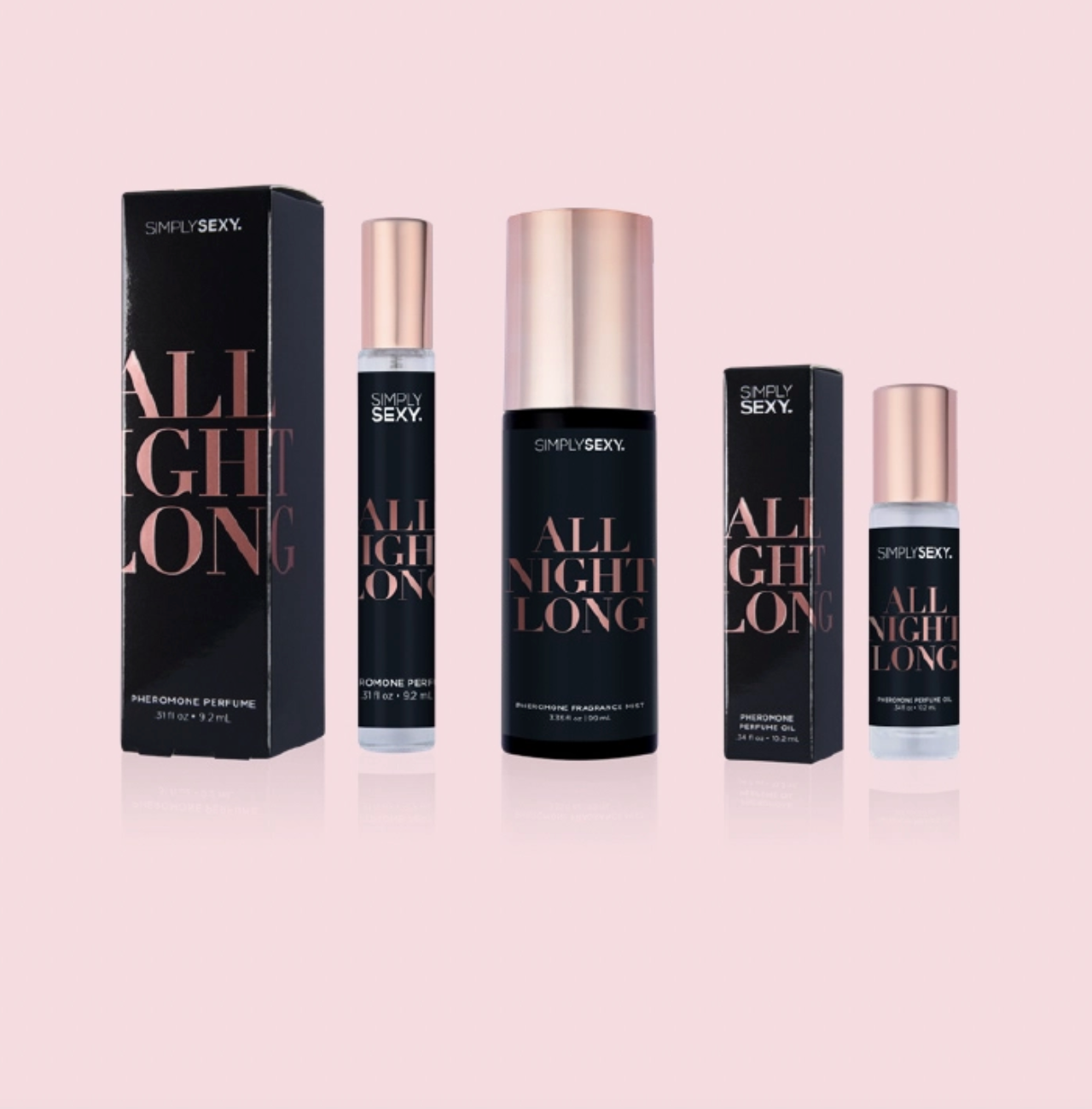 Perfume bottles and packaging labeled 'All Night Long' on a pink background