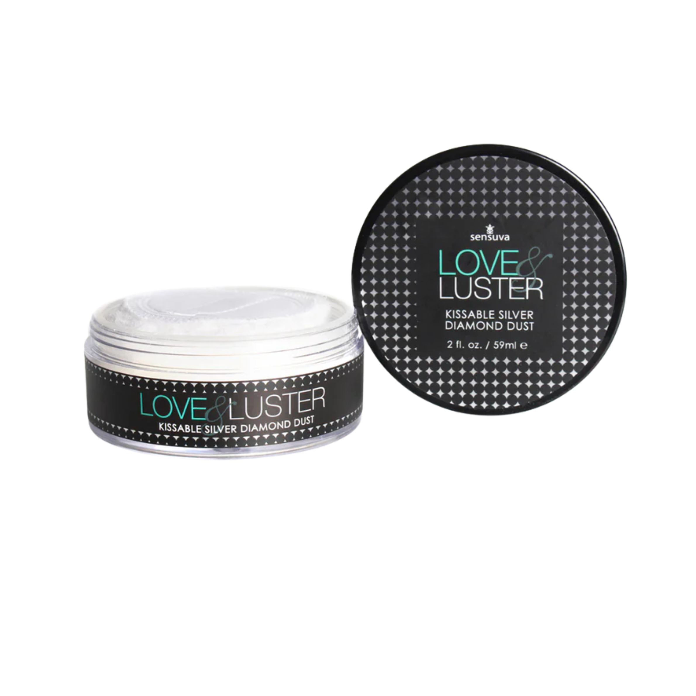 Love & Luster kissable silver diamond dust packaging on a white background
