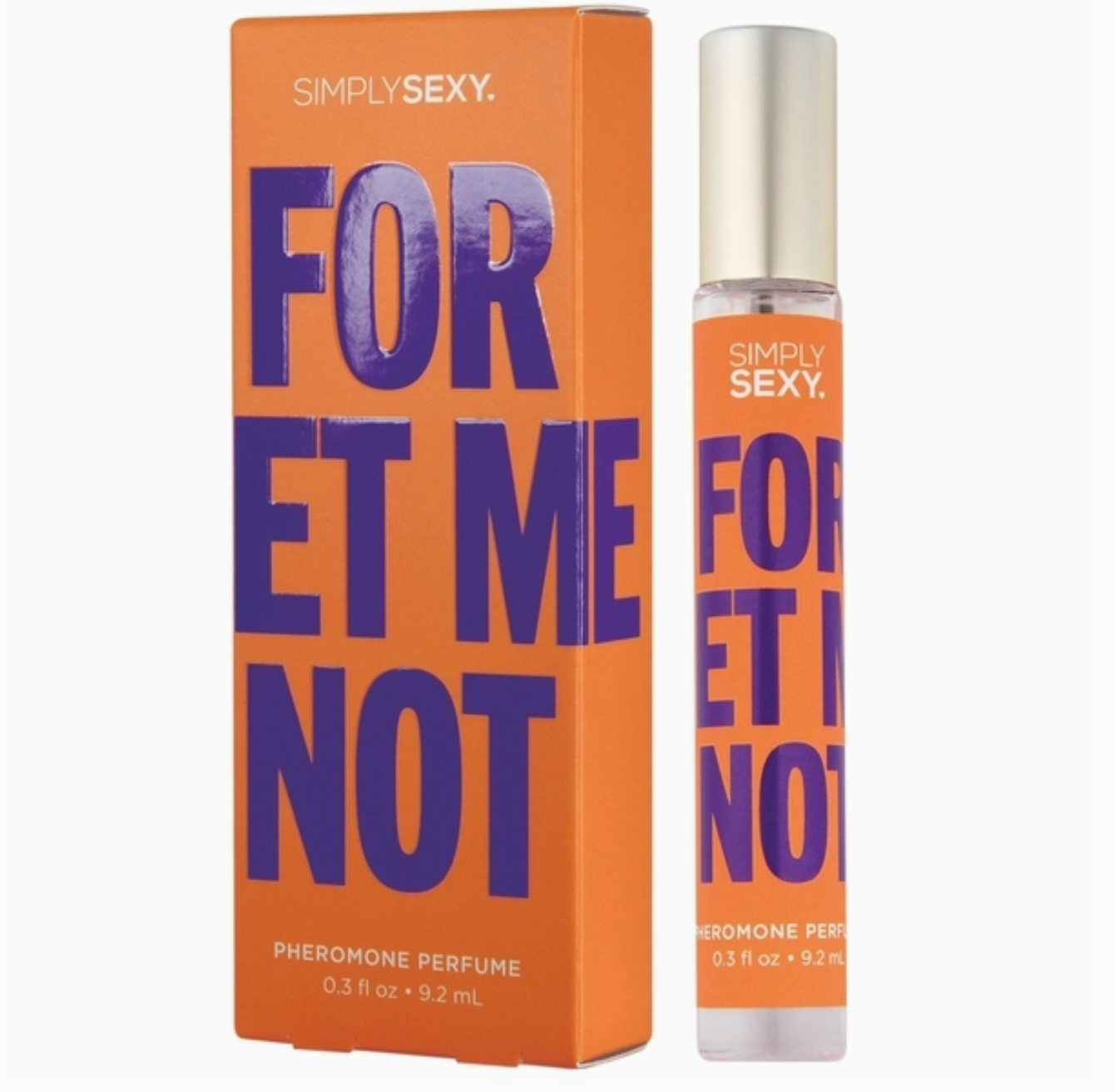 Perfume bottle and packaging of 'Simply Sexy' with text 'FOR GET ME NOT' on an orange background.