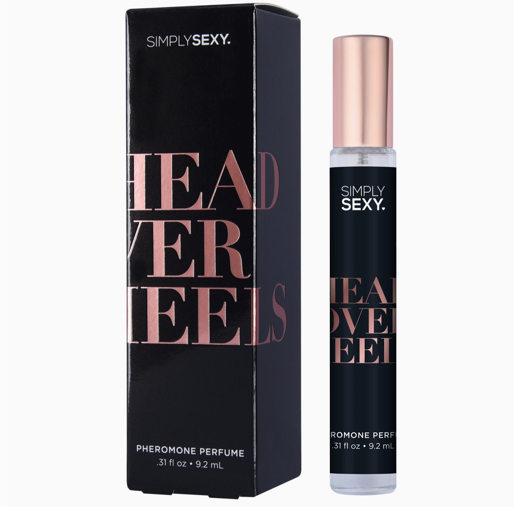 Perfume bottle and packaging of 'Simply Sexy Head Over Heels' on a white background