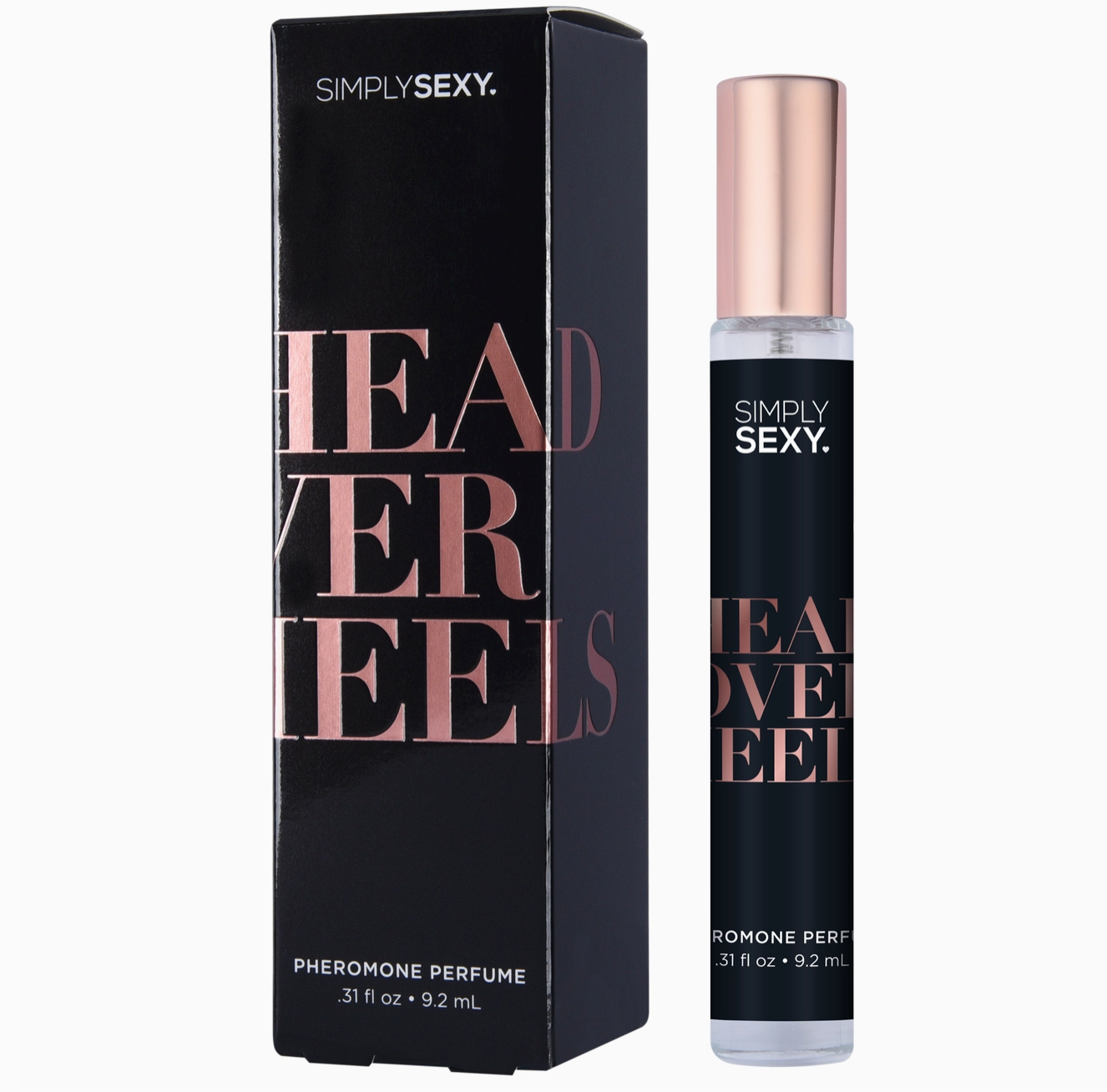 Perfume bottle and packaging of 'Simply Sexy Head Over Heels' on a white background