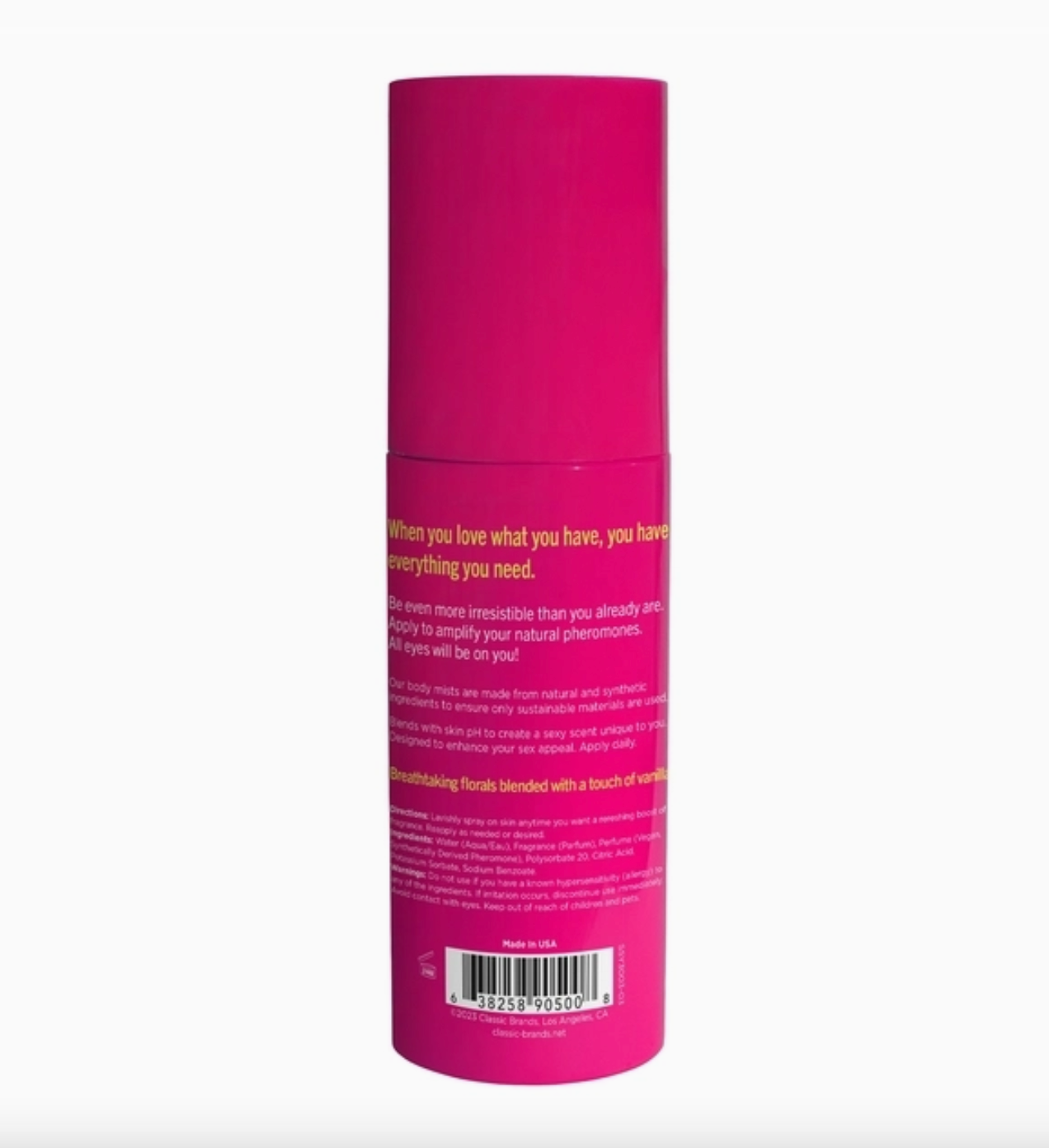 Pink cylindrical container with text on a white background