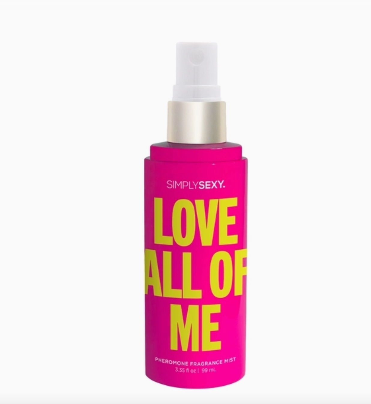 Pink and yellow 'Simply Sexy Love All of Me' perfume bottle on a white background
