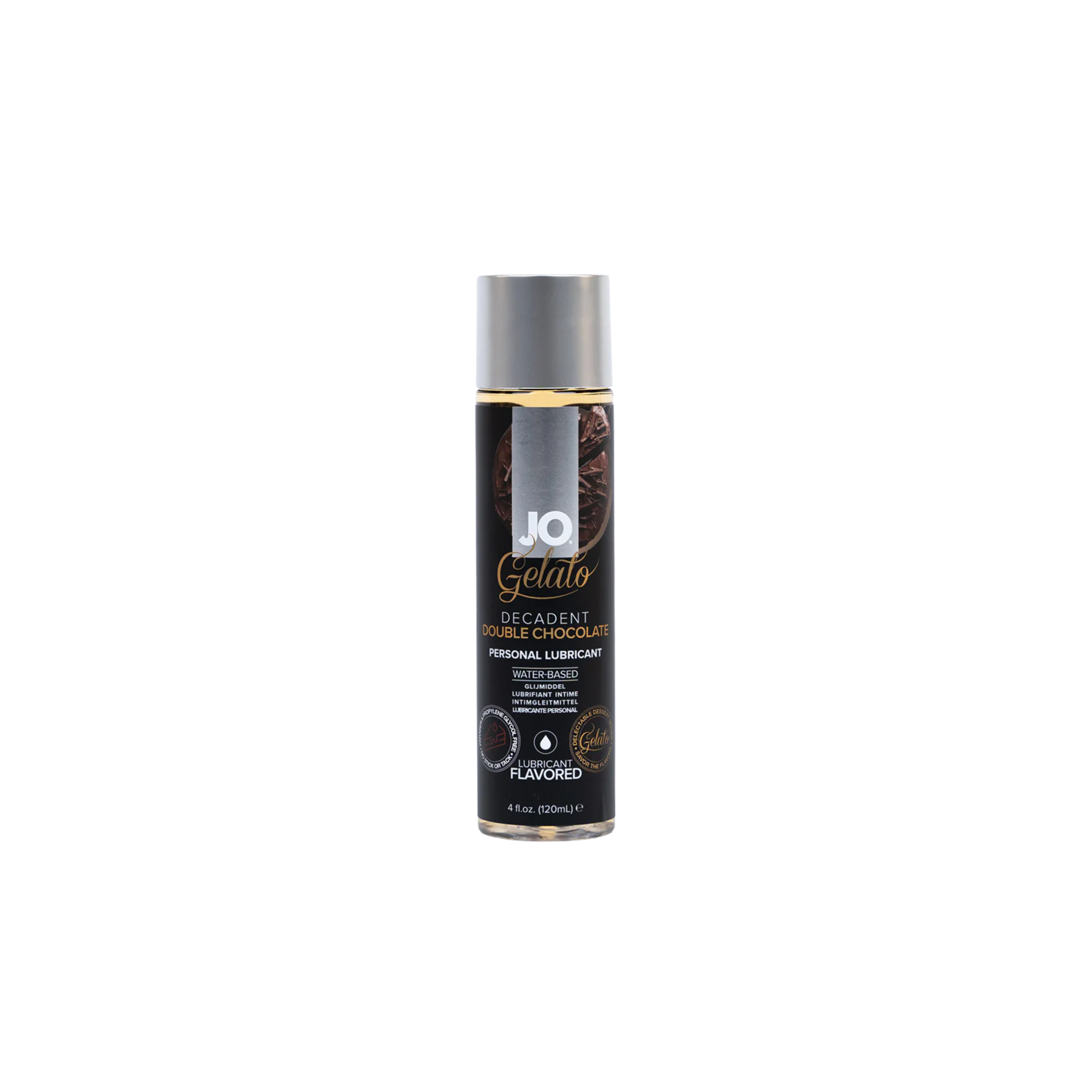 JO Gelato Decadent Chocolate flavored personal lubricant can on a white background