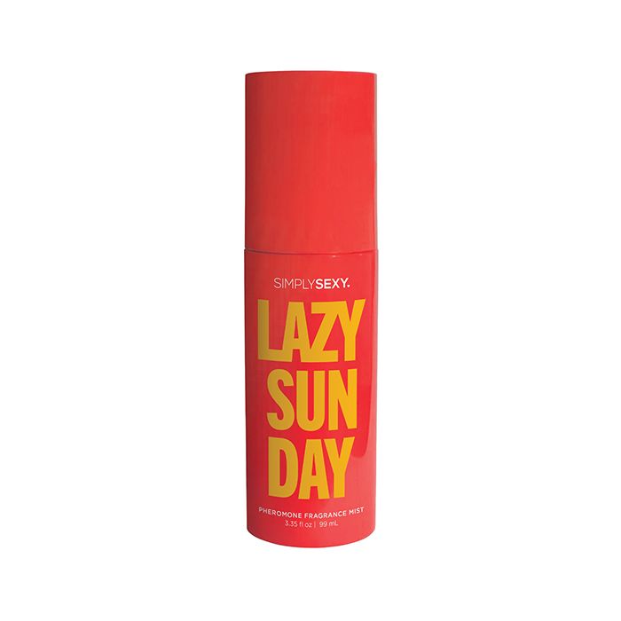 Red bottle of 'Simply Sexy Lazy Sunday' on a white background