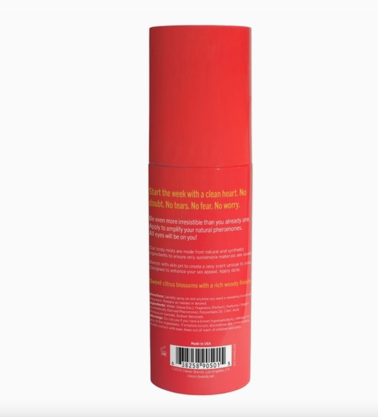 Red cylindrical container with text on a white background