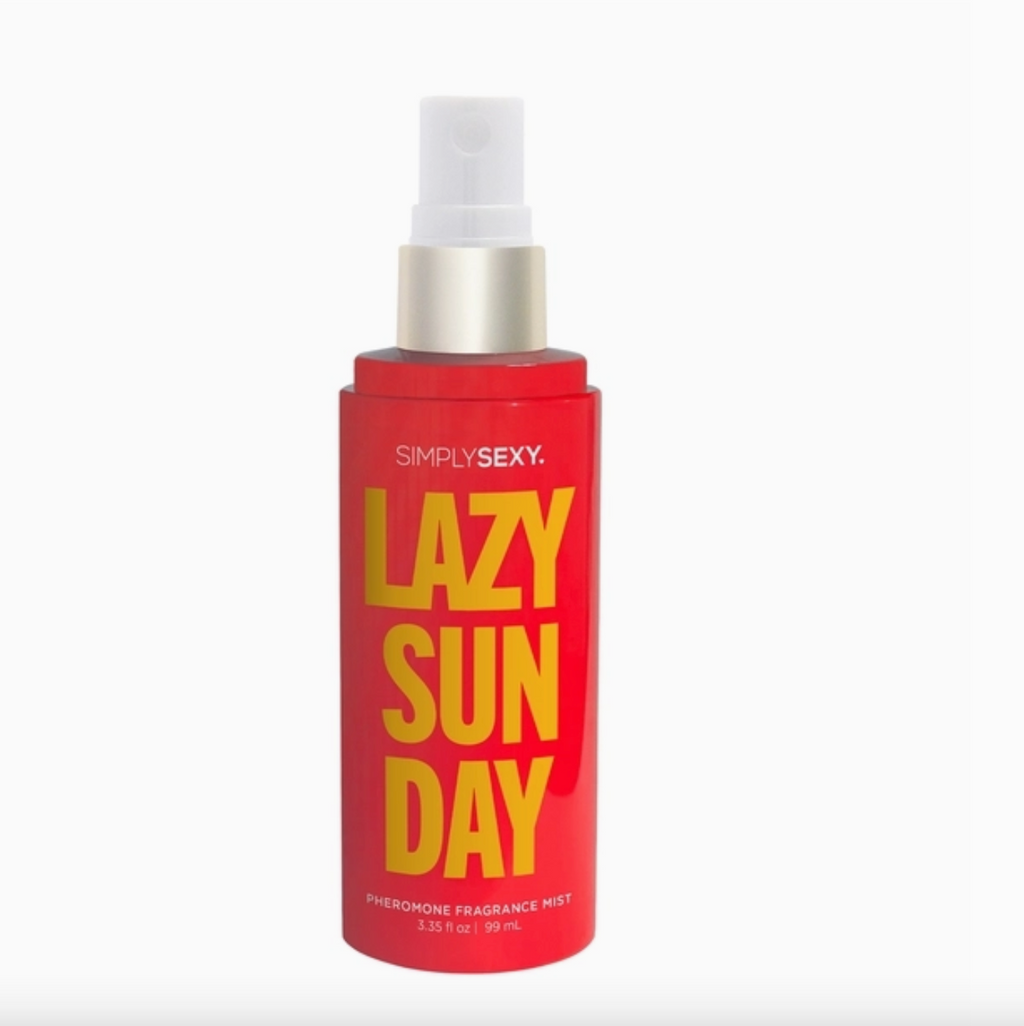 Red bottle of 'Simply Sexy Lazy Sunday' fragrance mist on a white background
