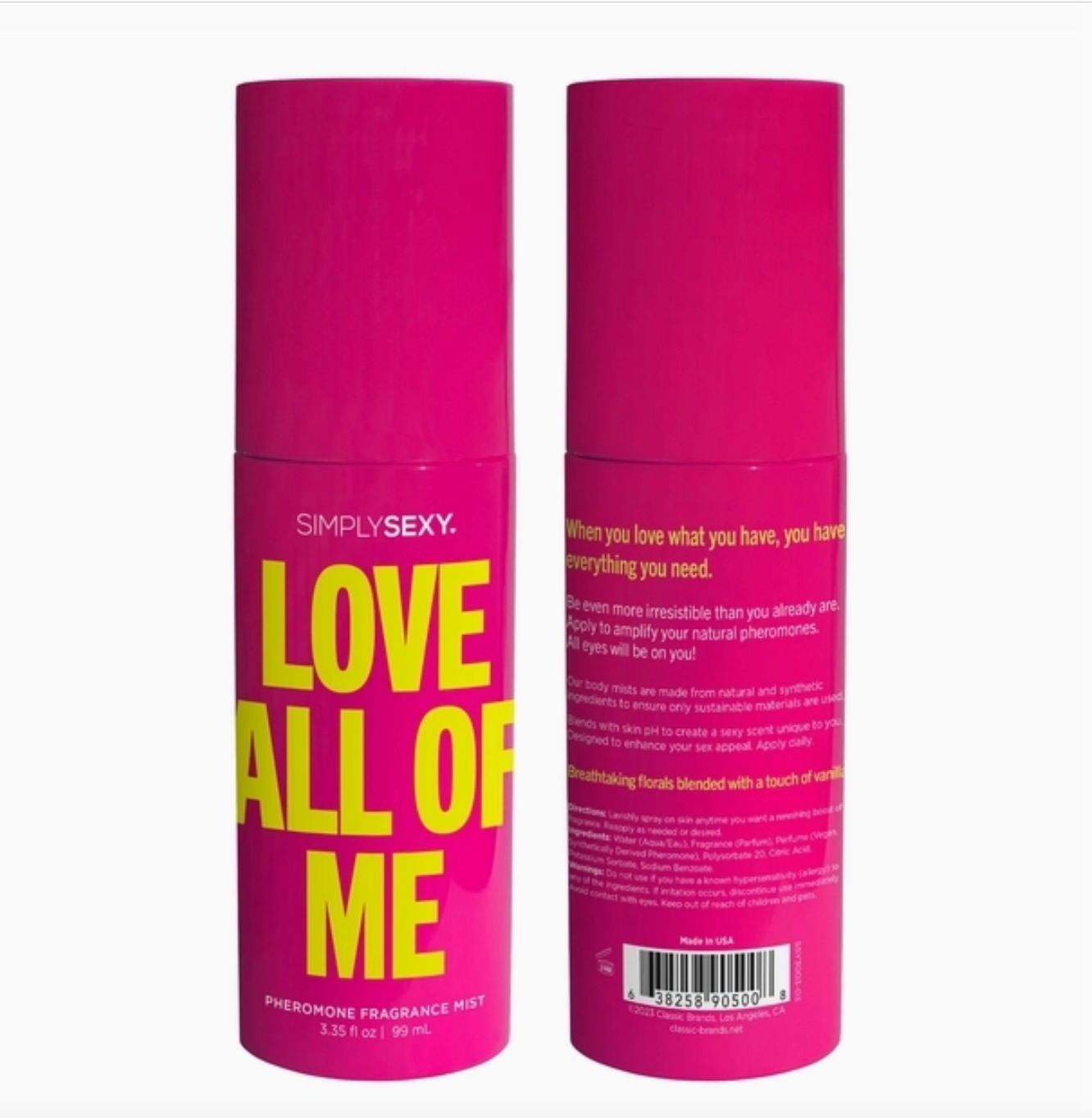 Two pink bottles of 'Simply Sexy' Love All Of Me fragrance mist on a white background