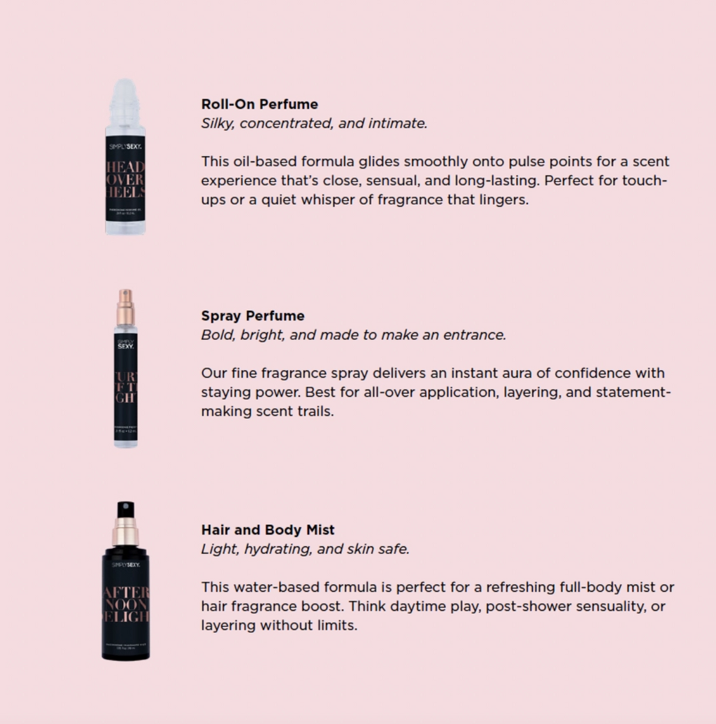 Three perfume products with descriptions on a pink background
