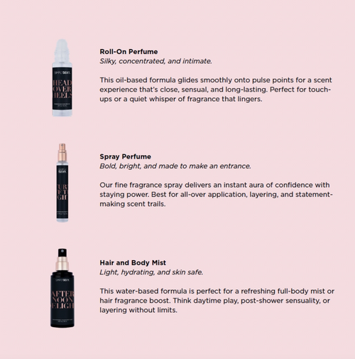 Three perfume products with descriptions on a pink background