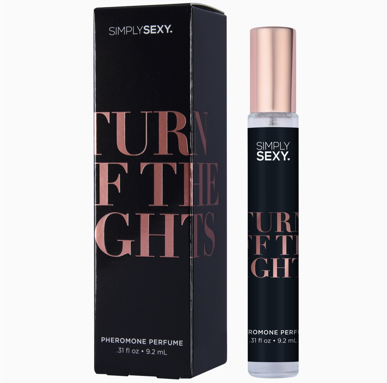 Perfume bottle and packaging of 'Simply Sexy' with text 'Turn Off the Lights'.