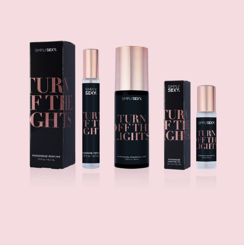 Simply Sexy perfume bottles and packaging on a light pink background