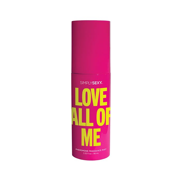 Pink bottle of 'Simply Sexy Love All Of Me' perfume on a white background