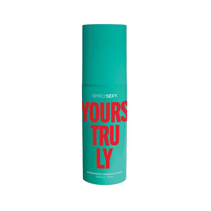 Simply Sexy Yours Truly Teal perfume bottle with red text on a white background